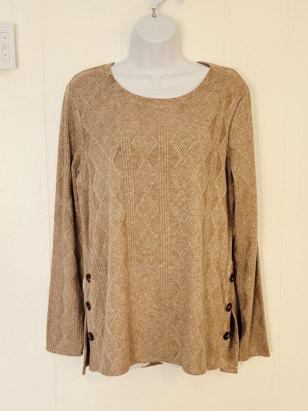 Women's Taupe Textured Crewneck Tunic Sweater with Side Buttons